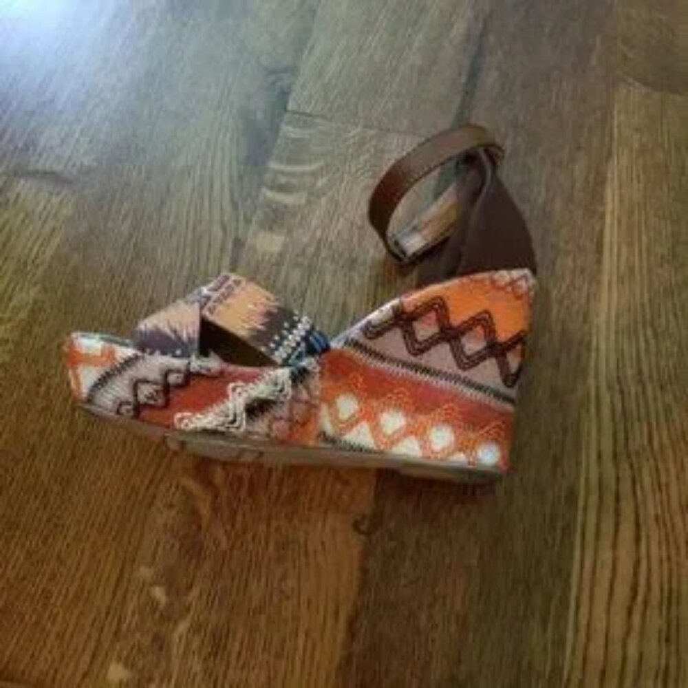 CALL IT SPRING brown orange blue Aztec print wedges with ankle strap
